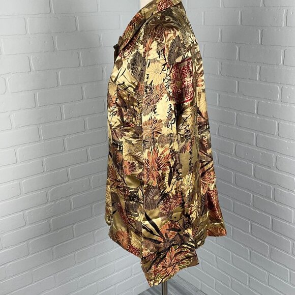 CHICOS Jacket Women 2 Large 12 Gold Red Japanese Floral Trucker Silk‎ Party Boho - Picture 3 of 11